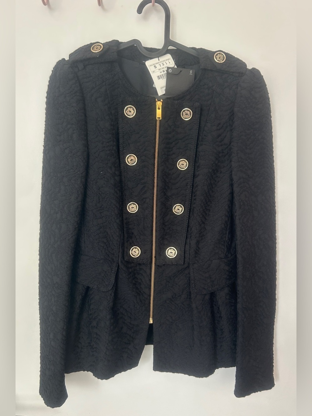 ZARA Woman Black Textured Military Peplum Blazer Gold Crest Buttons Sz S Fits XS